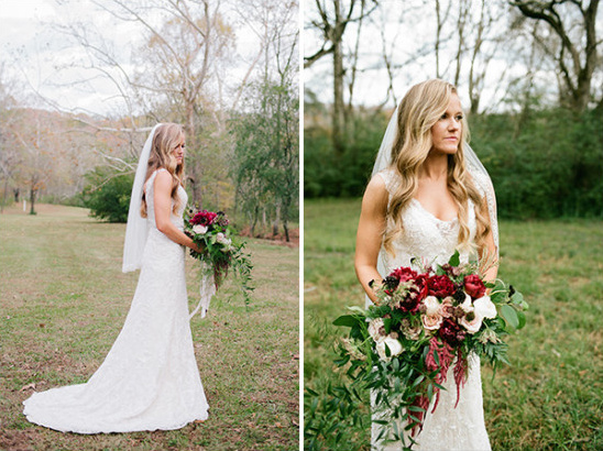 Blonde bride with bouquet at outdoor wedding venue