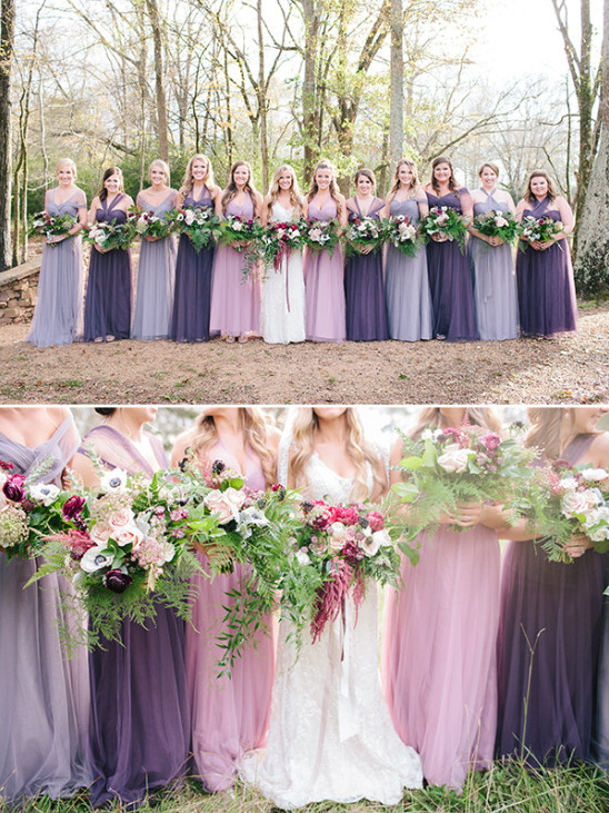 Bridesmaids in purple dresses holding bouquets at wedding
