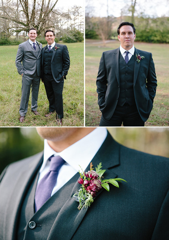Groomsmen in suits with purple ties and boutonnieres