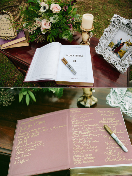 Wedding guest book with Bible and floral decorations