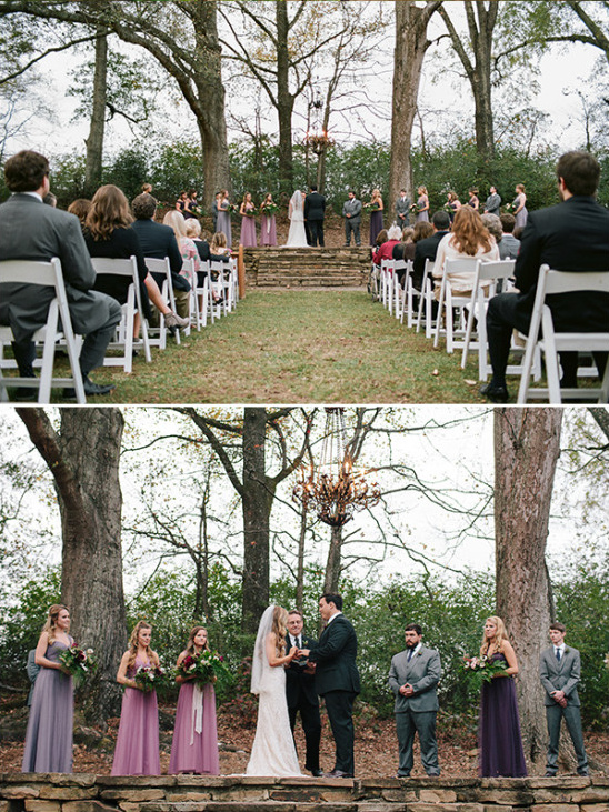 Outdoor wedding ceremony with bride and groom at altar
