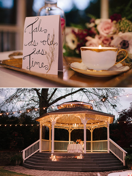 Romantic outdoor wedding reception with gazebo lights