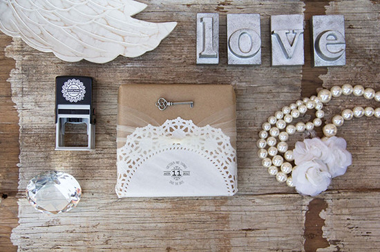 Vintage wedding gift with pearls on a rustic wood table