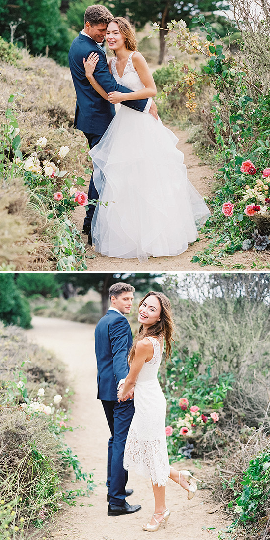 Bride and groom happily posing on wedding day path