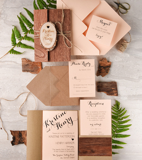 Rustic chic wedding invitation suite with wood accents