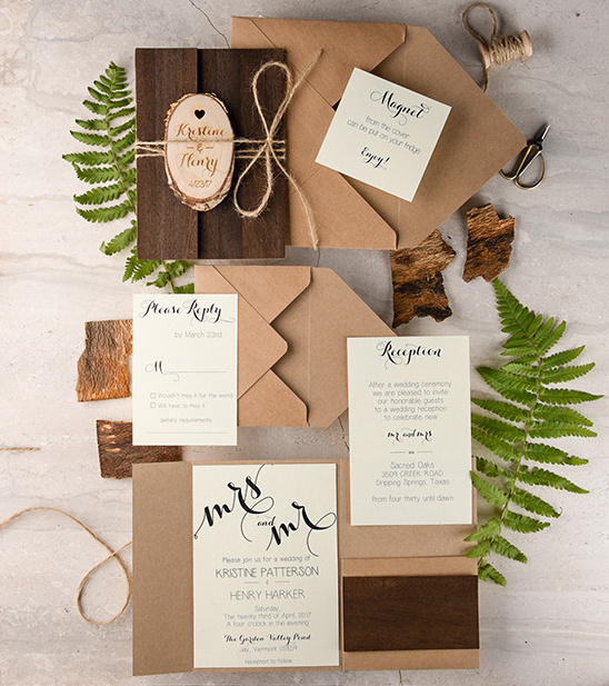 Rustic elegant wedding invitation suite flat lay image