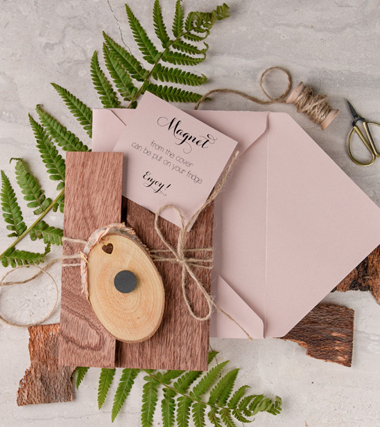 Rustic wood magnet in pink envelope with twine and fern