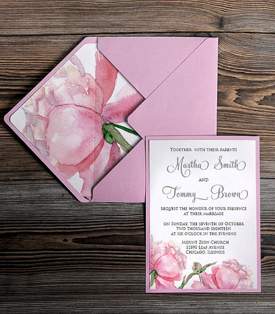 Pink peony wedding invitation with details