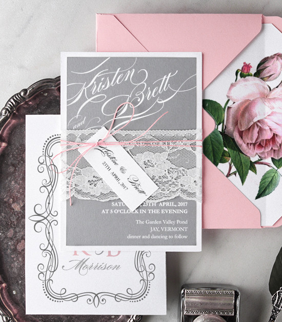 Elegant gray and pink wedding invitation with lace