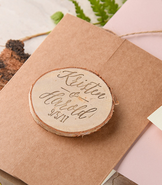 Wooden wedding invitation stamp: Kristen & Harold 9 5 11