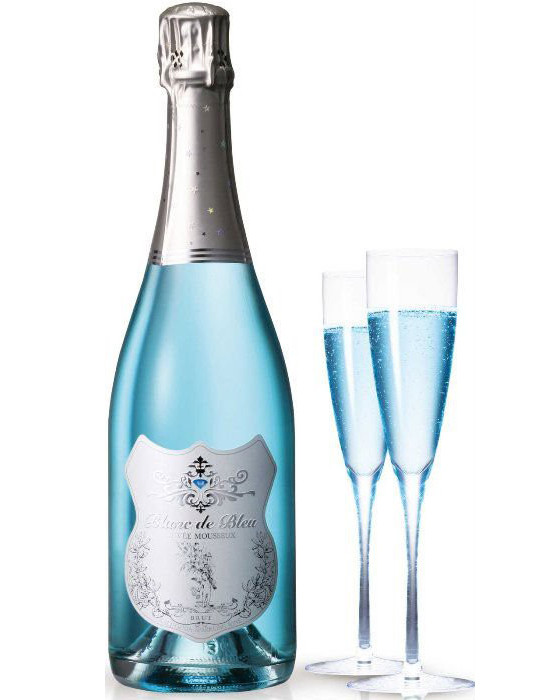 Blanc de Bleu sparkling wine bottle and two glasses