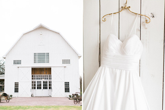 white barn and wedding dress