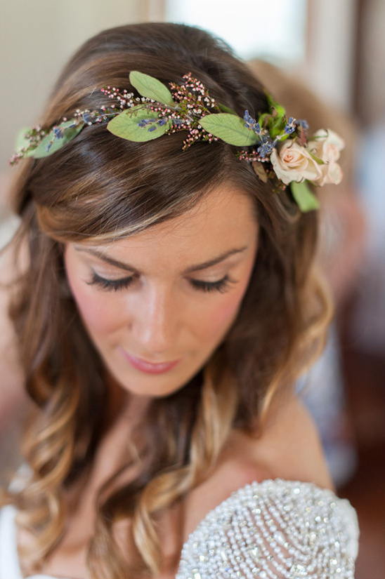 Bride with flower crown and embellished dress detail