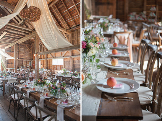 Rustic barn wedding reception tablescape with peaches