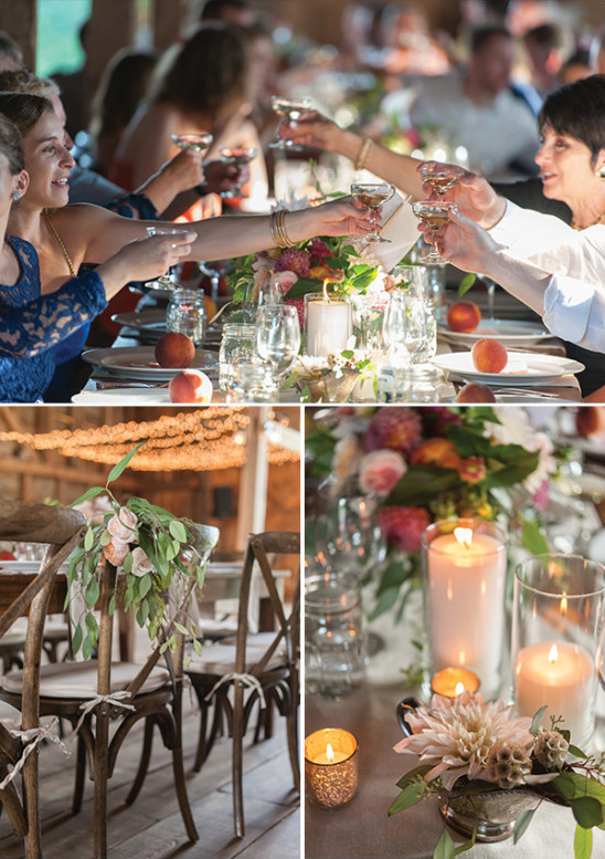 Rustic wedding reception with toasts and floral decor