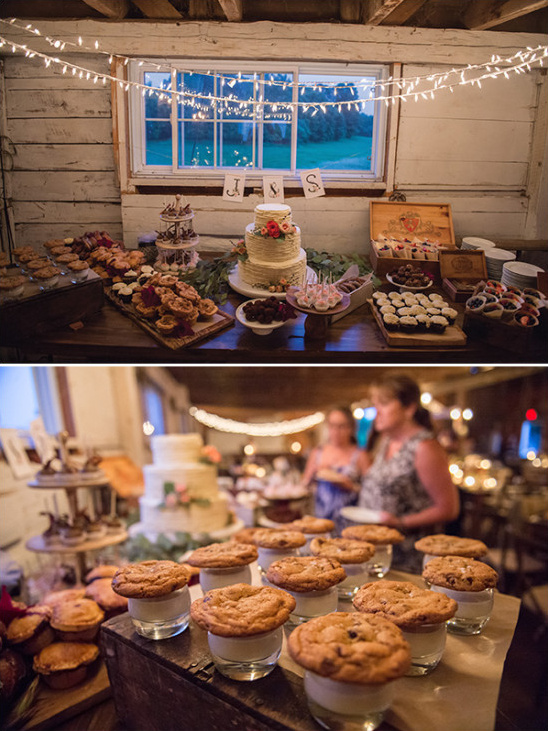 Rustic wedding dessert table with cake and cookie cups