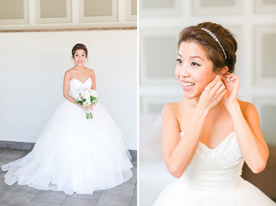 Strapless bridal gown and hair details
