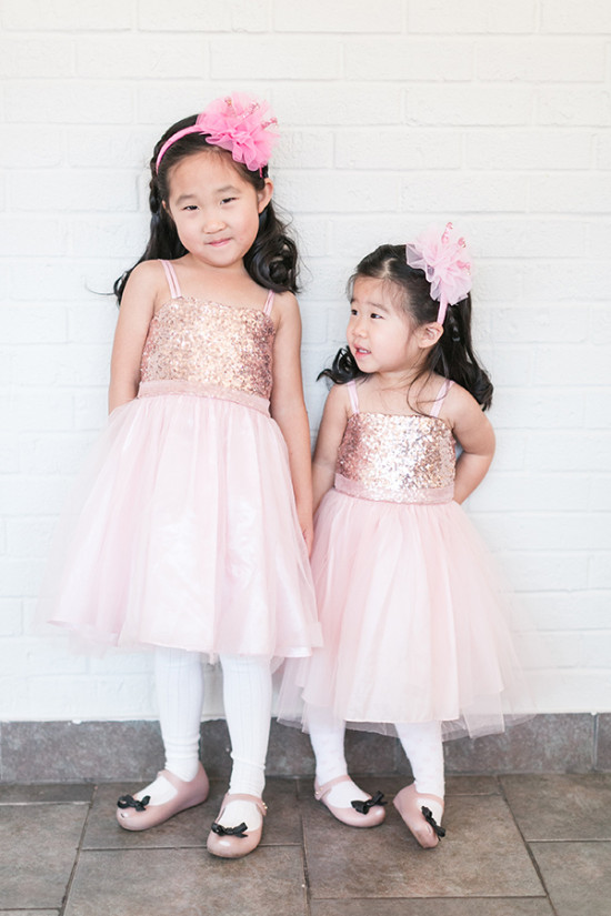 Pink sequin flower girl dresses with pink headbands