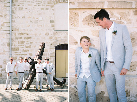 Groomsmen in grey and white with succulent boutonniere