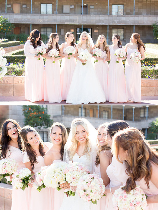 Bridesmaids in long pink dresses