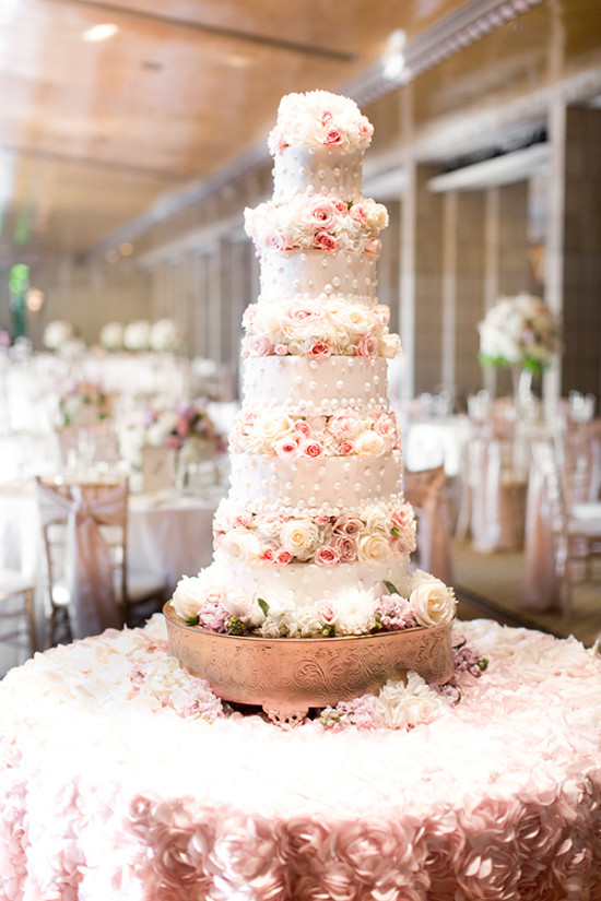 Five tier pink and white wedding cake