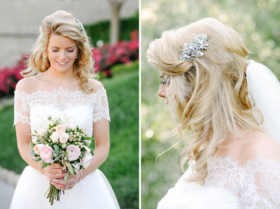 Bride with blonde hair wearing lace off shoulder gown