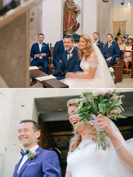 Happy newlyweds laughing after church wedding ceremony