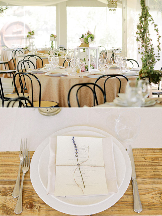 Elegant rustic wedding table setting lavender details