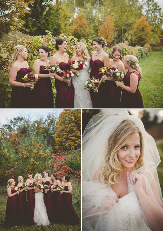 Bridesmaids in burgundy dresses