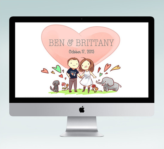 Ben and Brittany cartoon wedding invitation on iMac