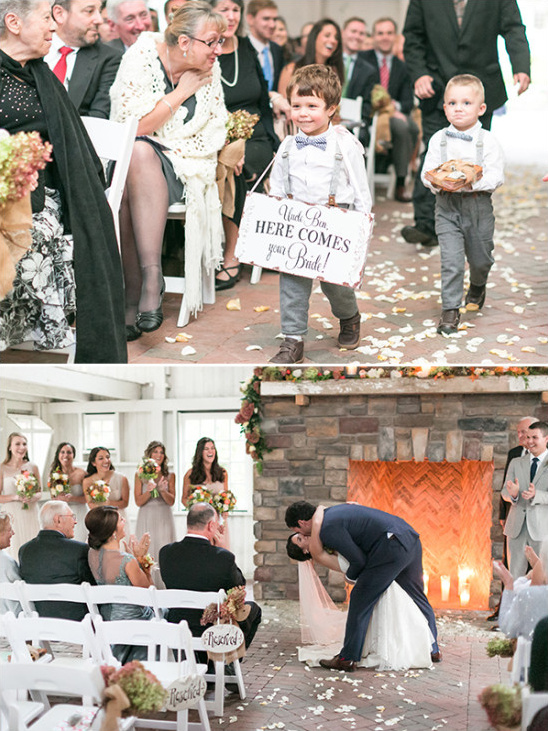 Wedding day with ring bearers and bride groom kissing