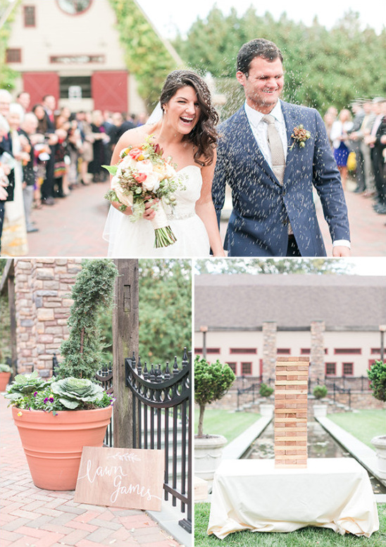 Bride and groom showered with confetti at their wedding