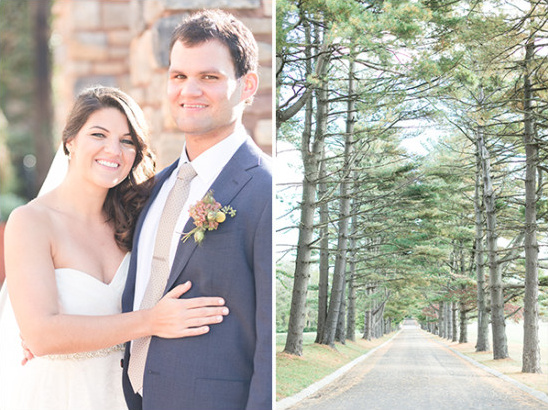 Happy couple at their outdoor wedding with tree lined path