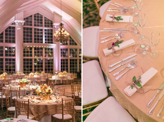 Elegant wedding reception venue with table settings
