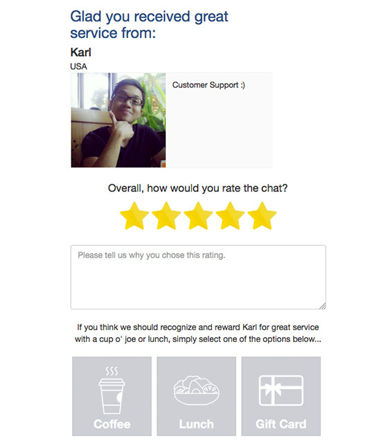 Customer service feedback form with Karl and five star rating