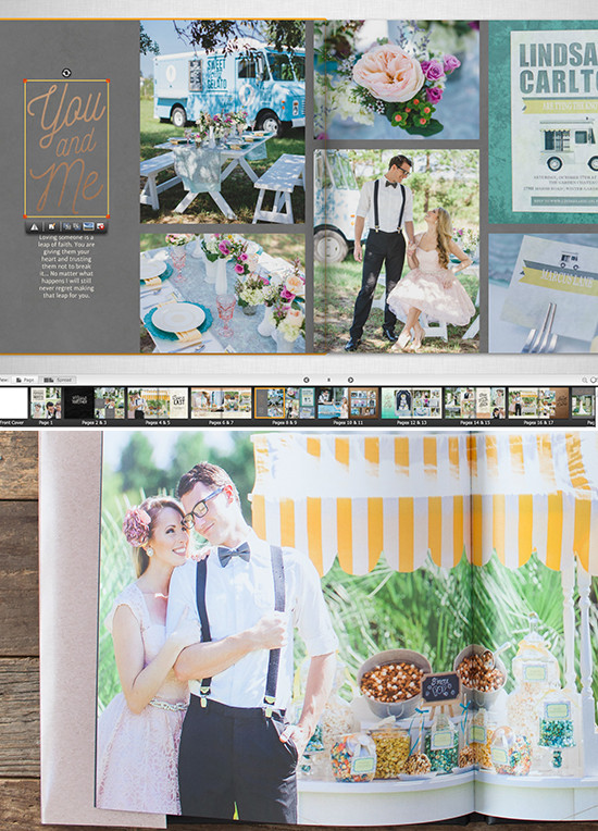 Wedding photo album with food truck and candy theme