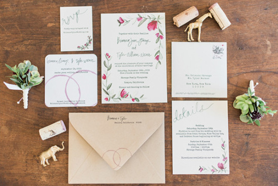 Rustic floral wedding invitation suite with details card