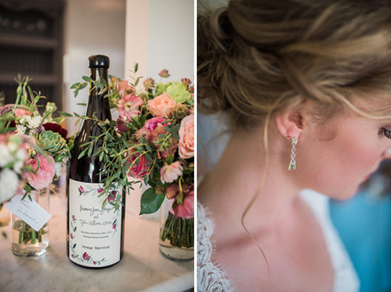 Wedding wine bottle with floral arrangements and bride