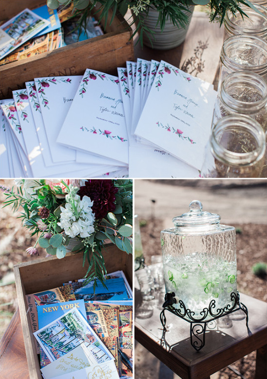 Wedding reception details postcards programs and drinks