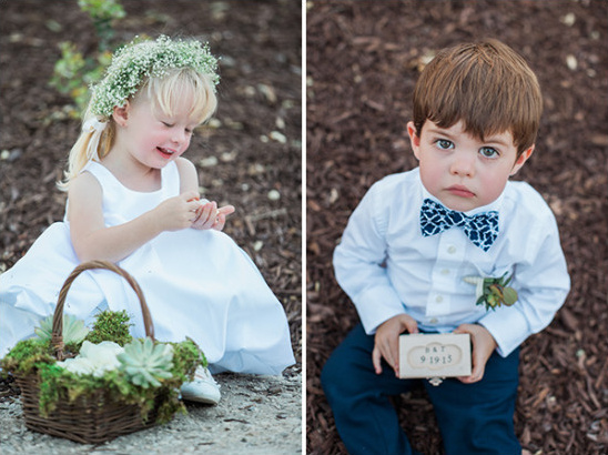Flower girl ring bearer in wedding attire outdoors