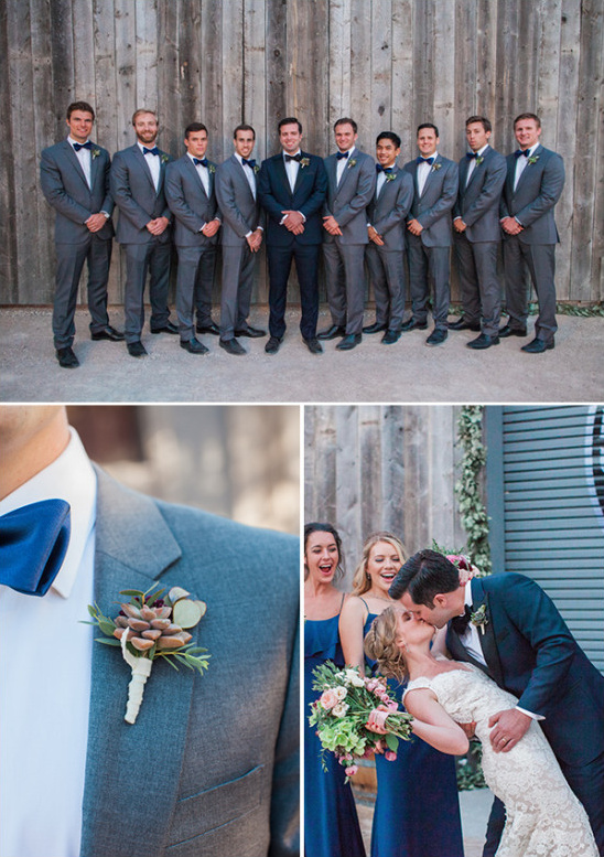Groom with groomsmen and bride kissing groom at wedding
