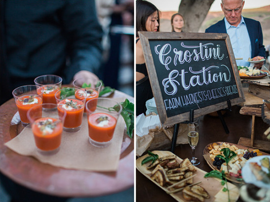 Crostini station with appetizers and small tomato soups