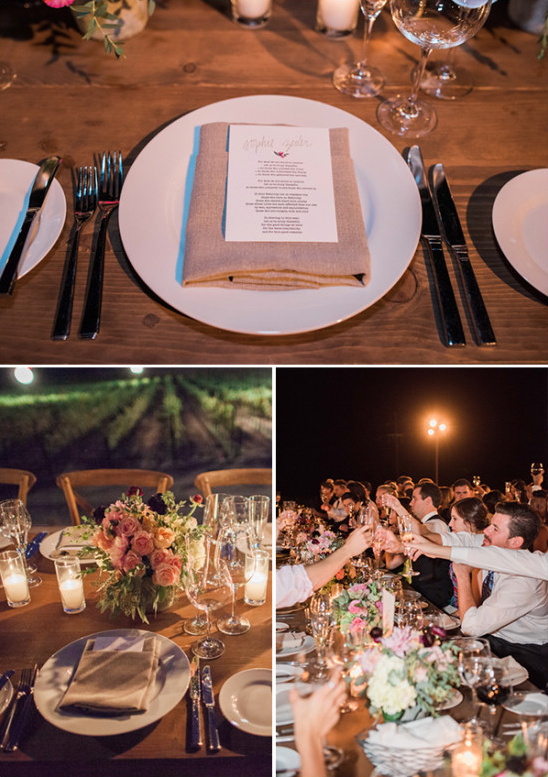 Elegant wedding reception table settings and toasting guests