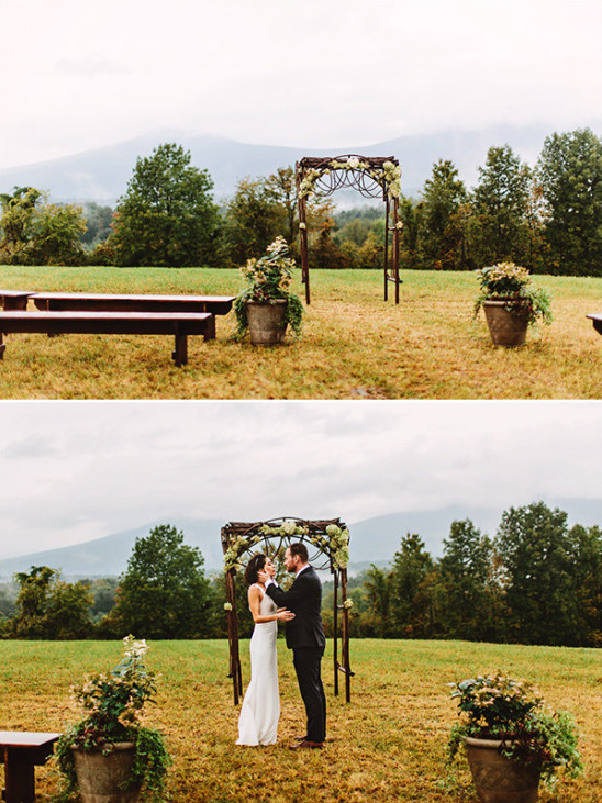 Rustic wedding ceremony with mountain view