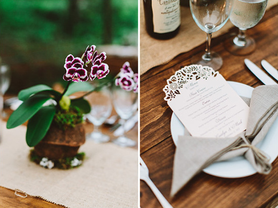Purple orchids centerpiece with rustic wedding menu