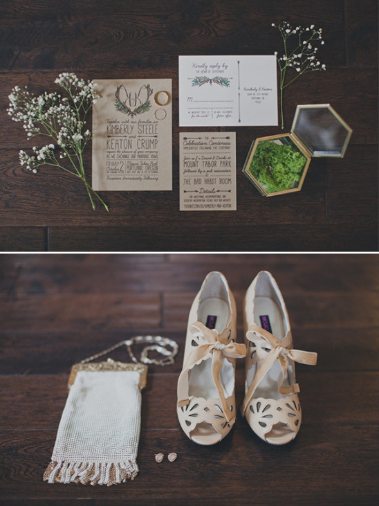 Elegant wedding details flat lay invitation shoes purse