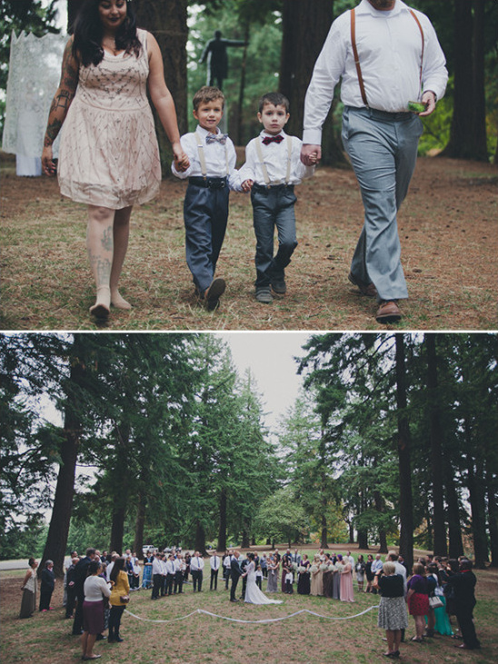 Family walking at outdoor wedding ceremony