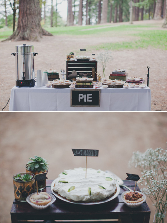 Rustic wedding pie dessert table