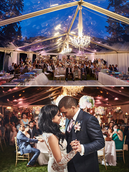 Bride and groom dancing at elegant tent wedding reception