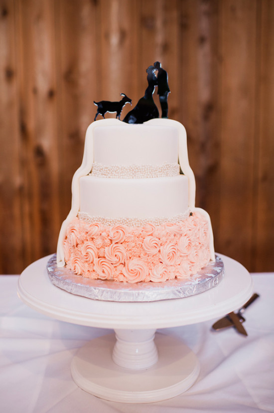 white and peach wedding cake